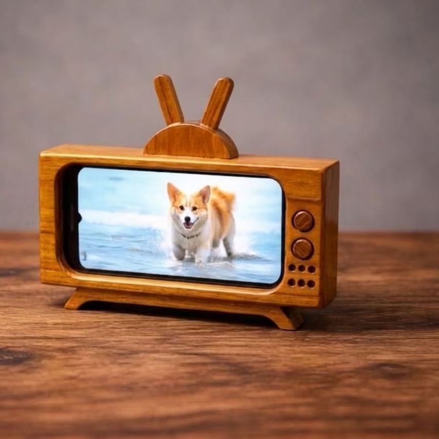 DUDUKAN HP ( PHONE STAND HOLDER ) TELEVISI RETRO KLASIK KAYU  Holder HP Kayu Retro TV - Stand Smartp