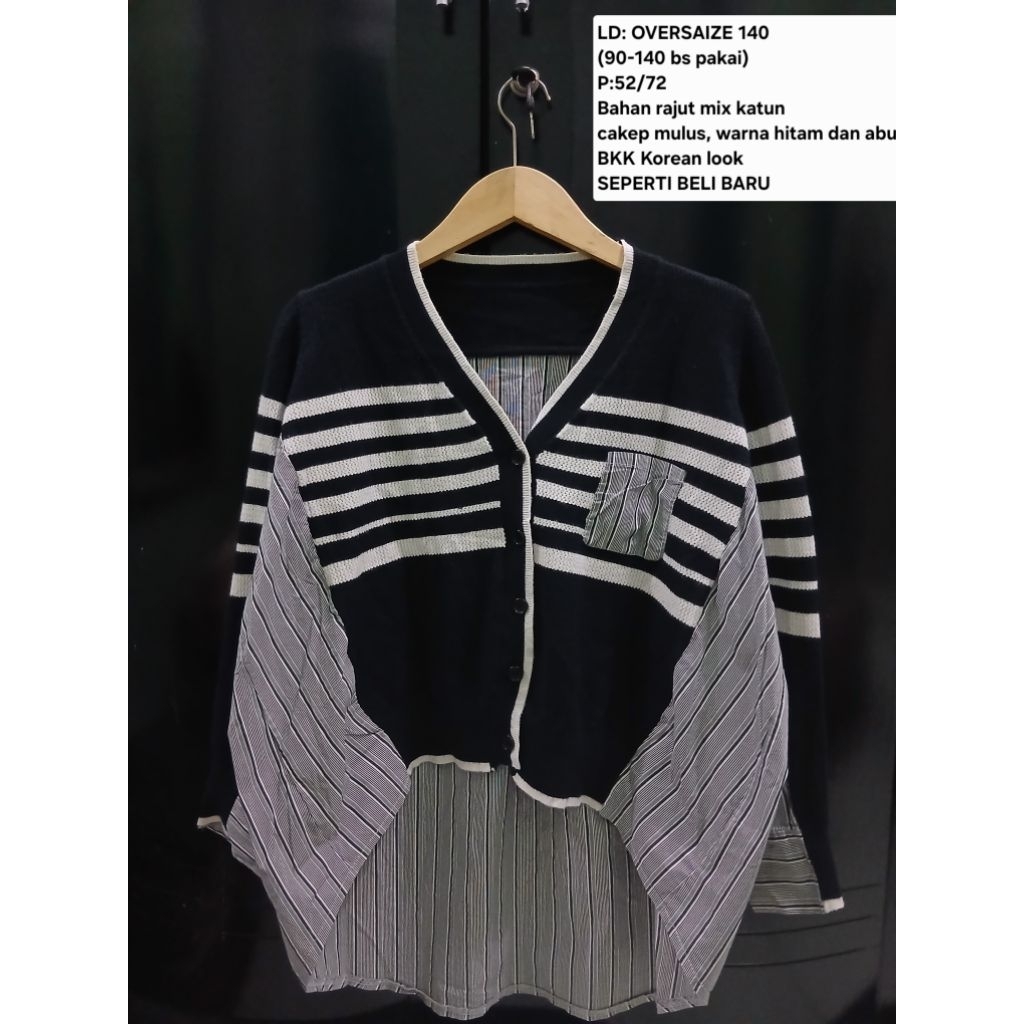 (COD)Atasan kemeja rajut mix katun BKK Korean look wanita oversize warna hitam motif salur abu abu