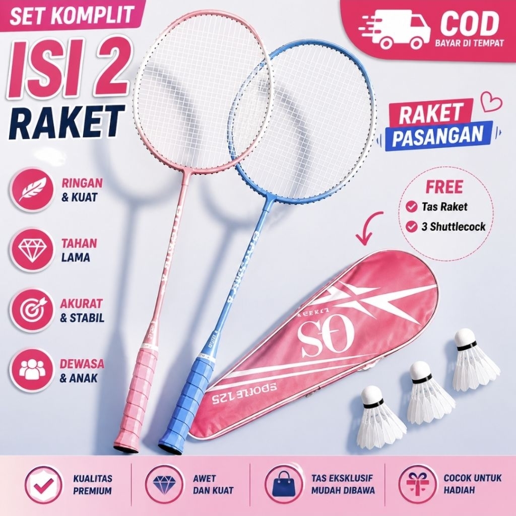 COD Set Raket Badminton Isi 2 + Shuttlecock + Tas | Raket Bulu Tangkis Ringan Kuat Siap Main