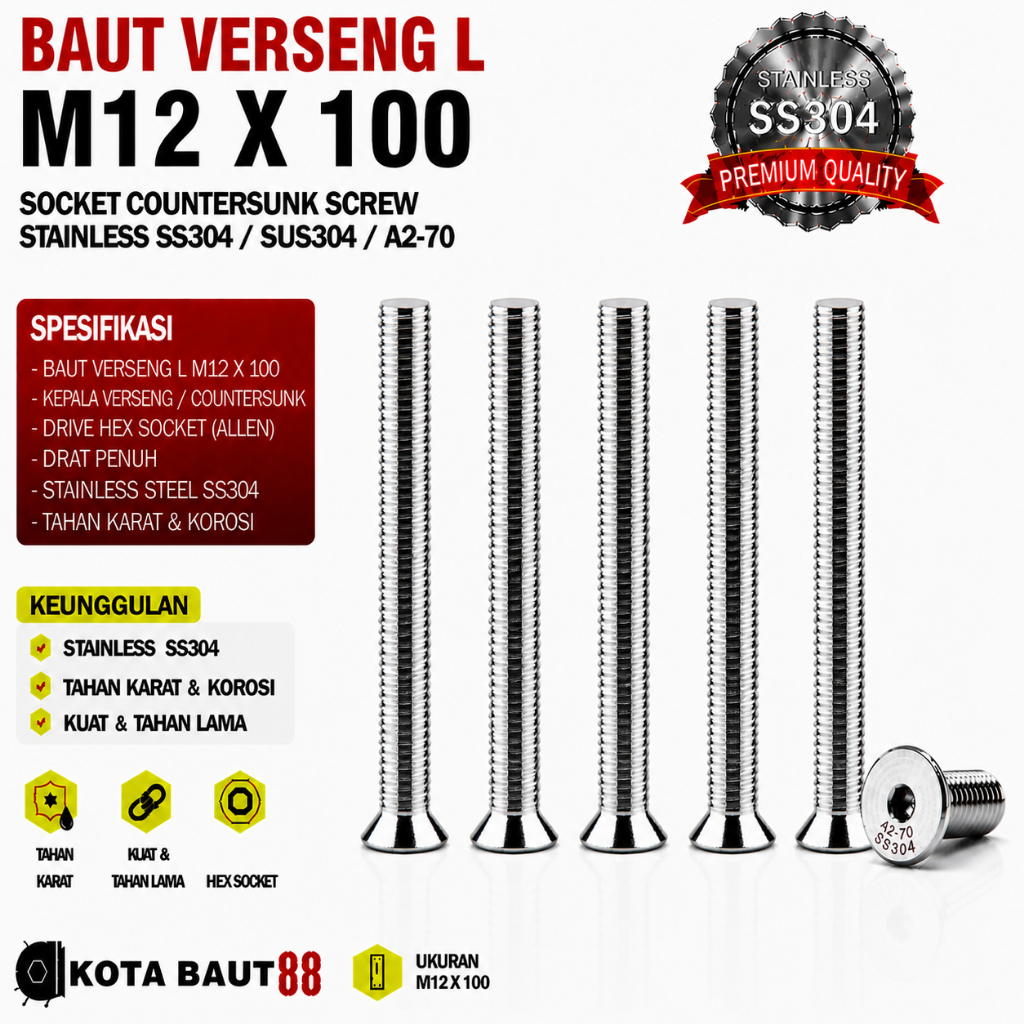 Baut Verseng L M12X100 / Baut JFL 12X100 / Countersunk L M12 X 100 / 12 X 100  - Socket Countersunk 