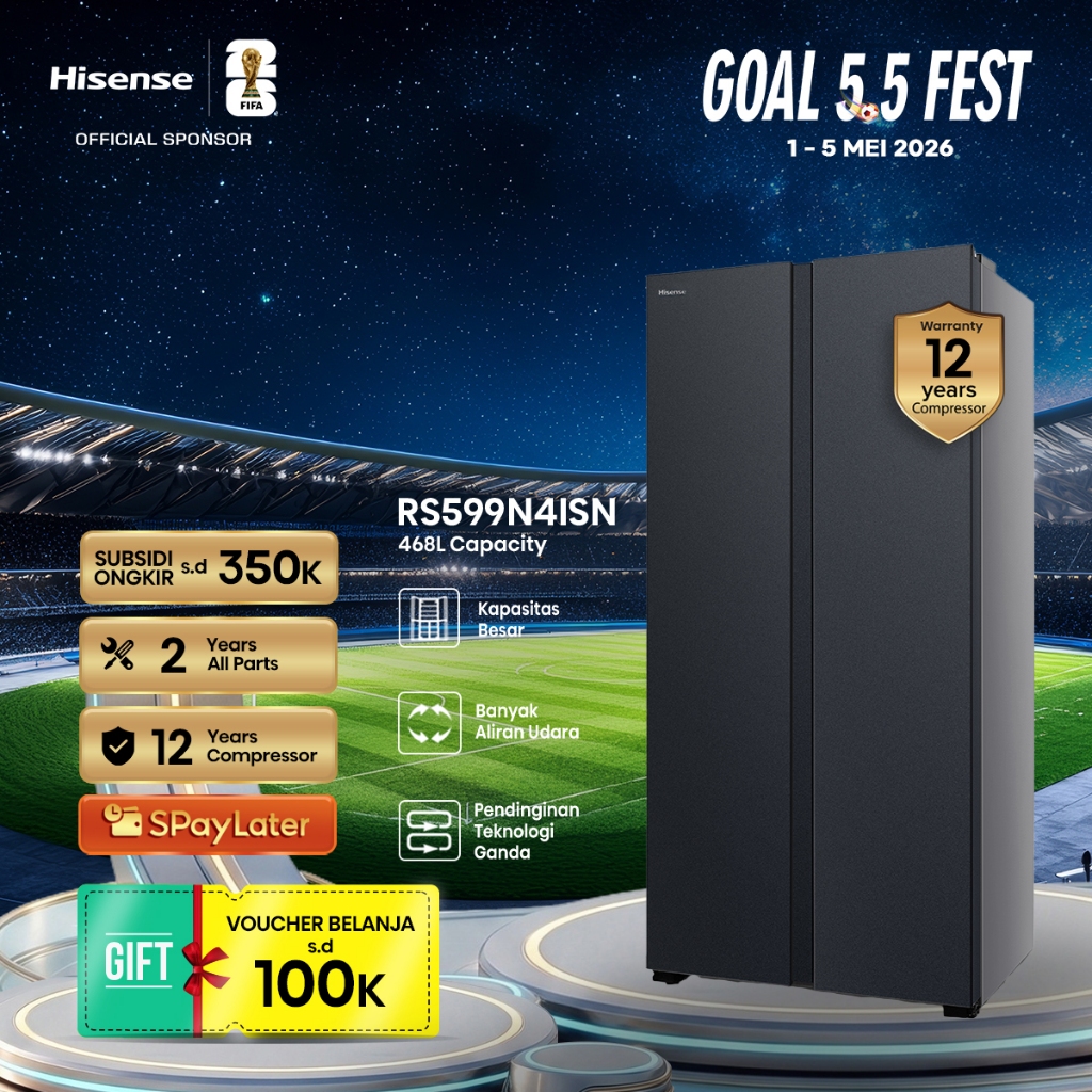 Hisense Kulkas RS599N4ISN Refrigerator Side By Side Kapasitas 468L Warna Abu Inverter Pro Tanpa Bung