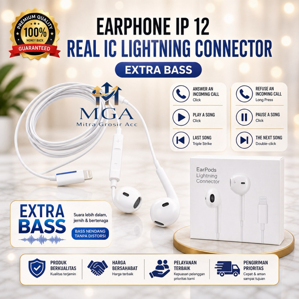 MGA - Headset Kabel Stereo Earphone Compatible With All Iphone Headset Kabel Lightning