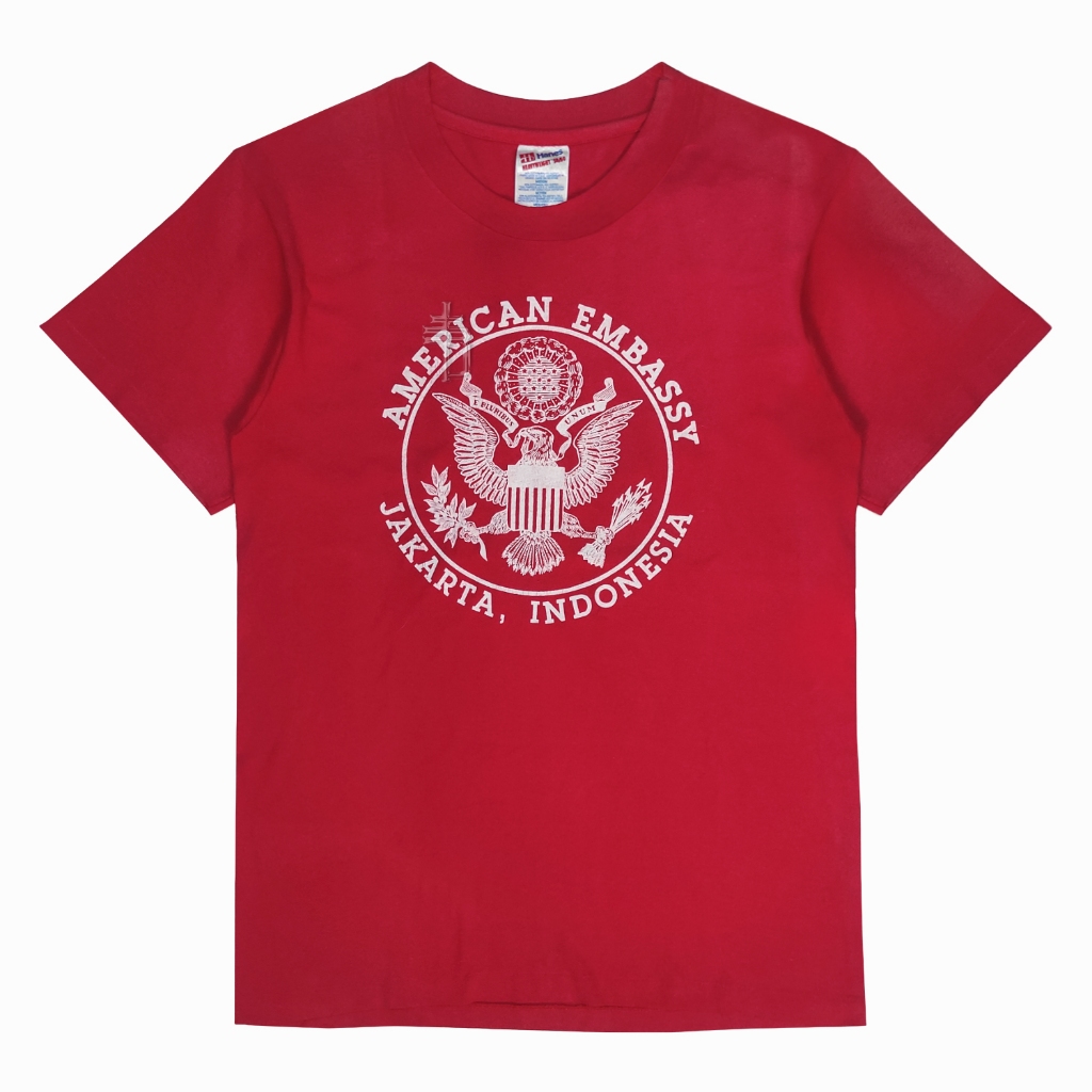 Vintage 90s American Embassy Jakarta Indonesia Diplomatic Kaos Boxy Tee Hanes Heavyweight Sunfaded S