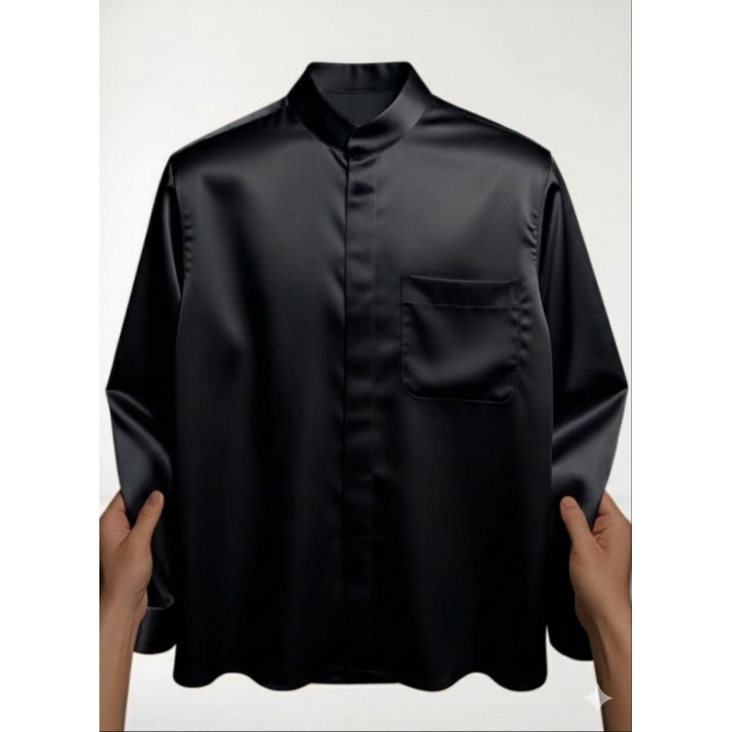 baju kemeja kerah koko lengan panjang pria bahan satin silk