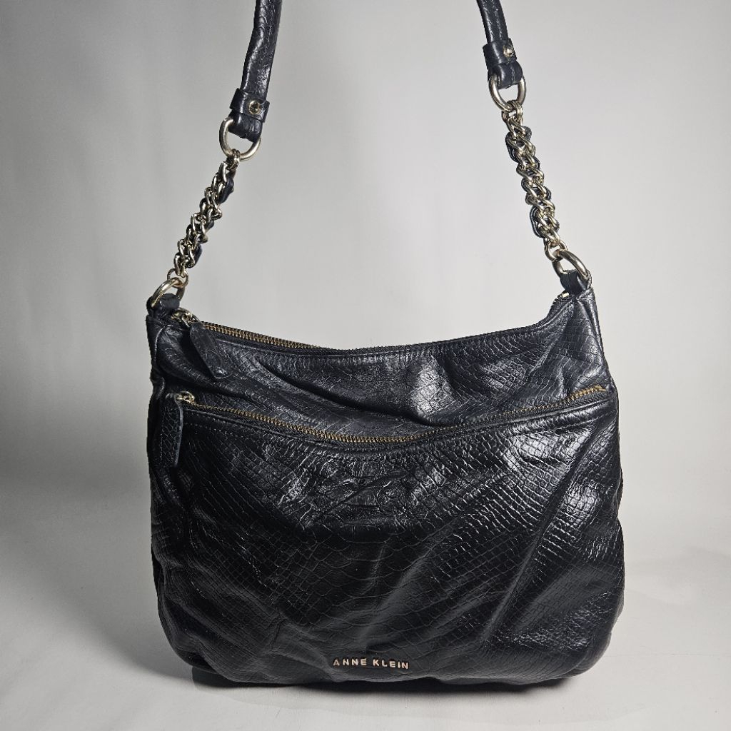 Tas Bahu Wanita Kulit Anne Klein Black Leather Embossed