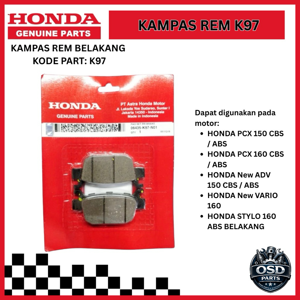 DISPAD KAMPAS REM BELAKANG K97 PCX OLD ADV PCX 150 / PCX 160 / CBS / ABS STYLO 160 ABS