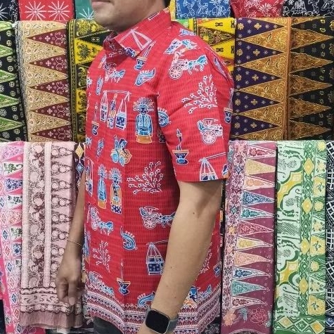 kemeja pendek batik betawi ondel jakarta kode kerak telor warna merah