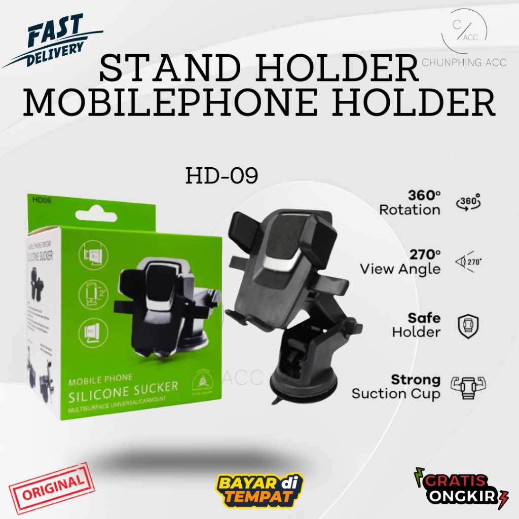 CAR HOLDER STAND HP HD09 FOLDING UNIVERSAL KACA DABOT PHONE MOBIL HD-09 HITAM