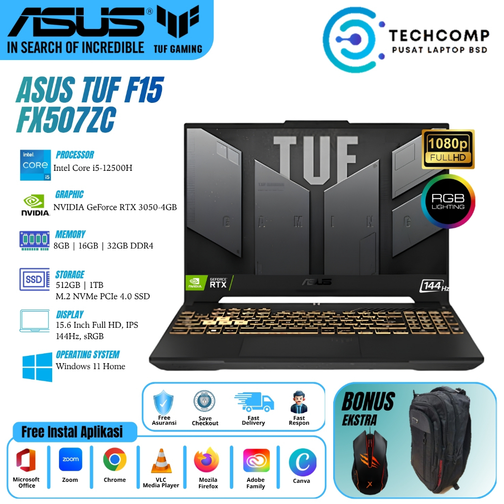Laptop Gaming ASUS TUF 15 FX507ZC i5 12500H RTX3050-4GB 144HZ RAM 32GB 1TB SSD W11 ORIGINAL GREY