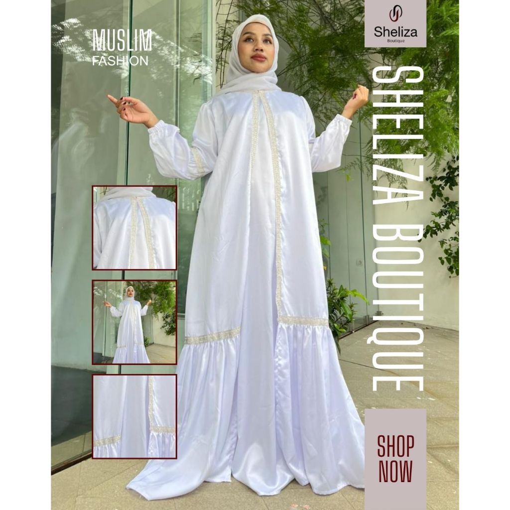 Gamis Wanita Putih Polos Kombinasi Brokat Premium Dress Muslim Simple Elegan Adem Model Terbaru