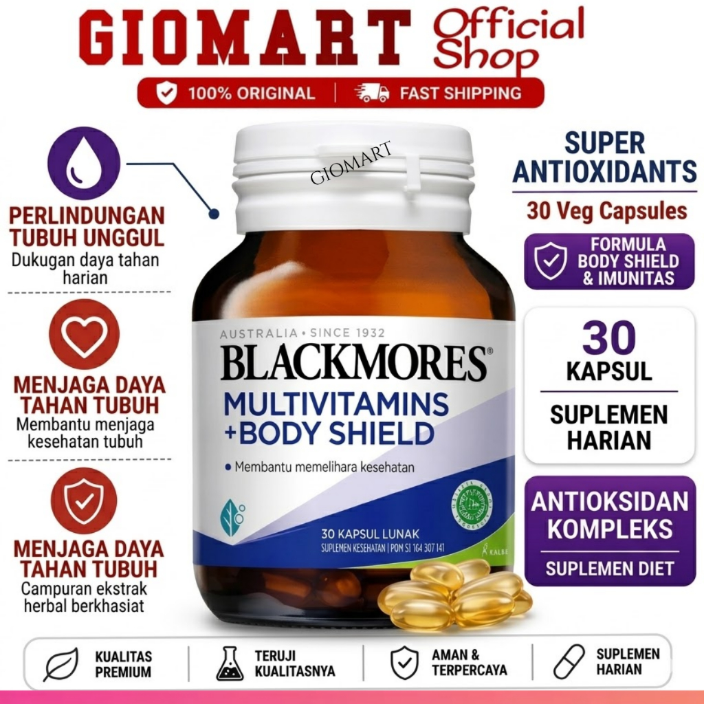 BLACKMORES Multivitamins + Body Shield 60 Kapsul Lunak – Vitamin D3, Zinc & Echinacea – Suplemen Day