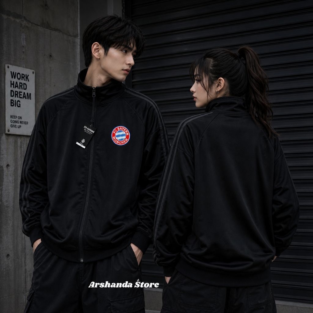Tracktop Jaket Unisex Black Stripe Hitam List Outdoor Jacket Olahraga Club Bola Top Dunia Bayern Mun