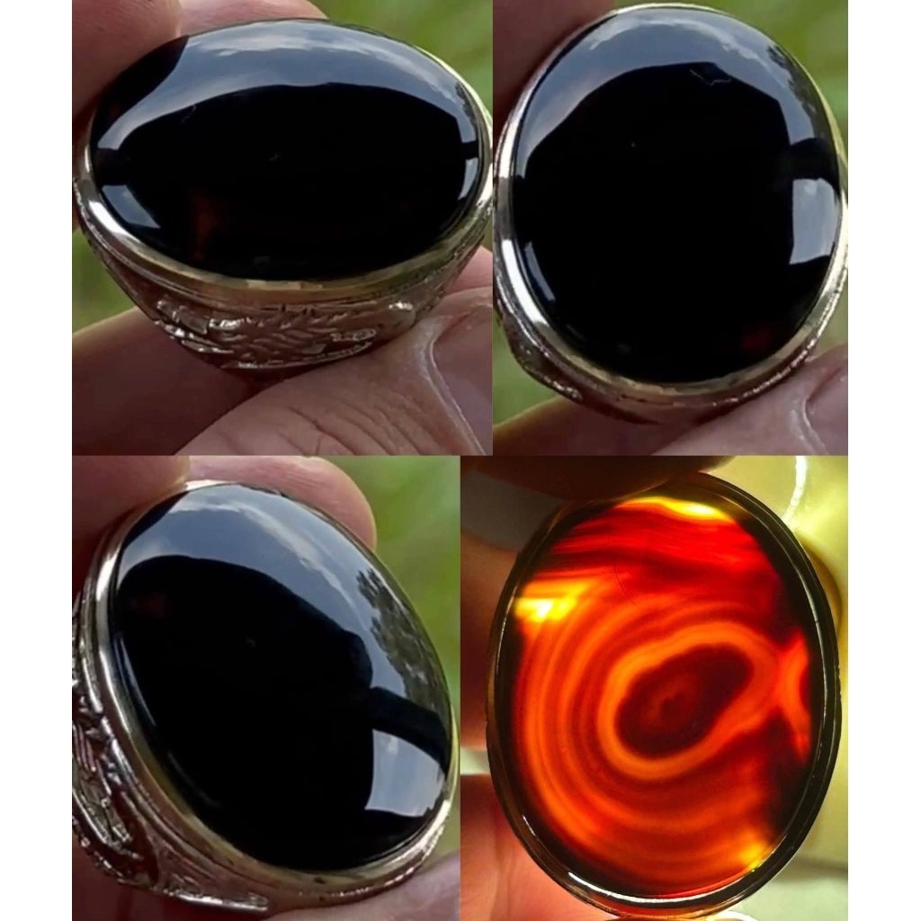 NATURAL CINCIN BATU AKIK YAMAN WULUNG HITAM PEKAT DISENTER PAMOR HURUF HIJAIYAH HA' MERAH PUSARAN AP
