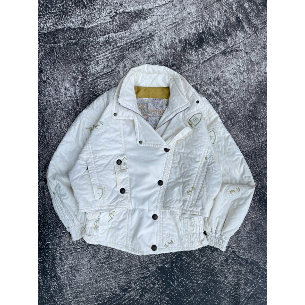JACKET VINTAGE RACING CROP  TEBAL || CERRUTI 1881 || PUTIH PEKAT - FULL BORDIR MEWAH