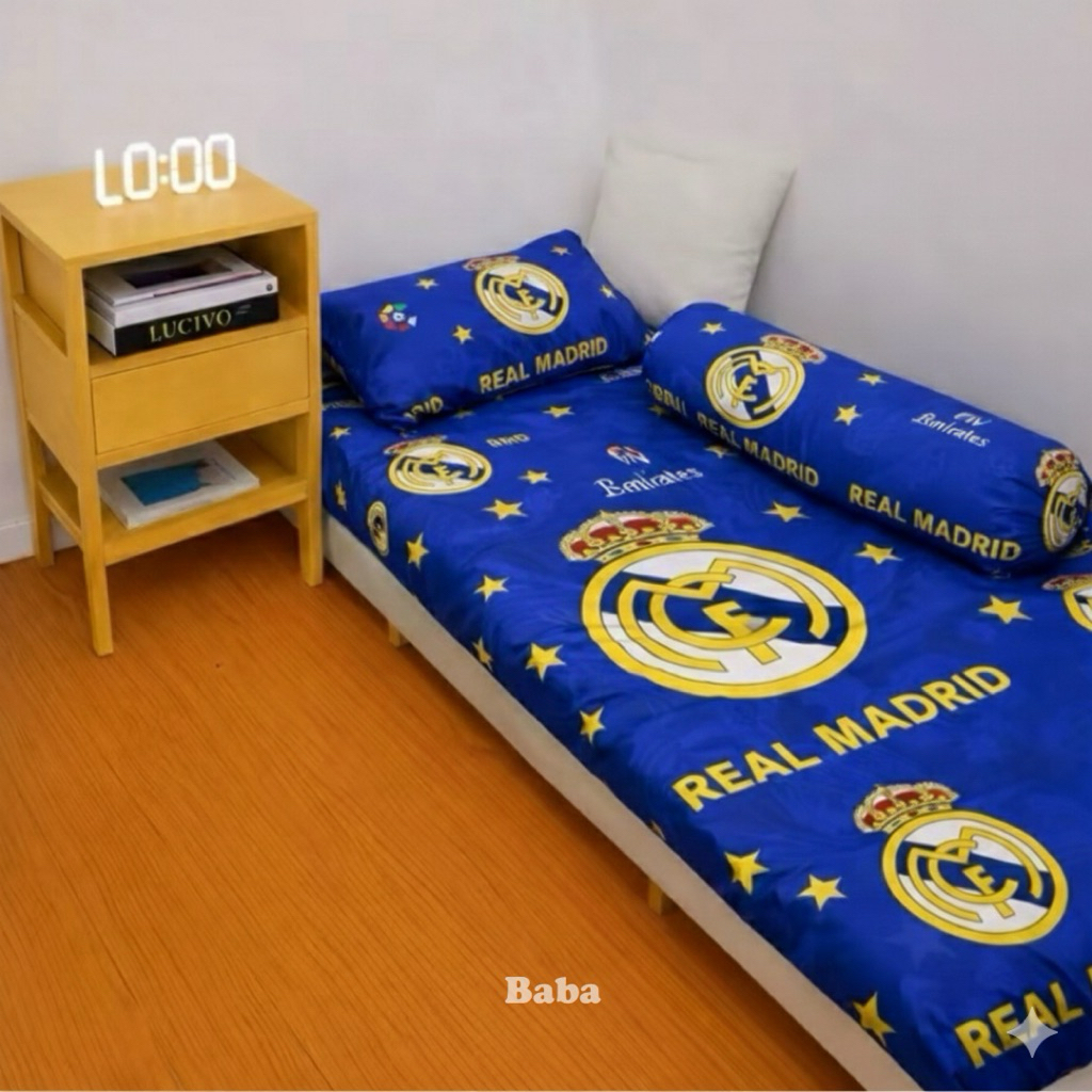 (NEW MOTIF) Sprei motif bola set dengan sarung bantal guling | sprei motif barca | sprei motif real 