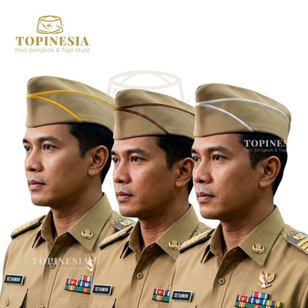 Peci Mut PNS Putra Putri Topi Mutz PNS ASN Bahan Drill Berkualitas Pita Kuning Putih Coklat