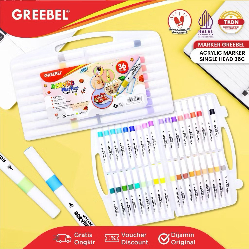 GREEBEL Spidol Warna Warni 1 Set / Spidol Marker Acrylic Single Head (36 Warna) / Spidol Warna / Ske