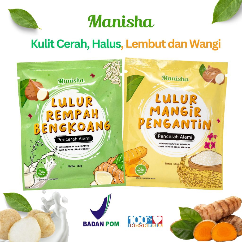 Lulur Premium Rempah Manisha 30gr BPOM - Lulur Brightening & Eksfoliasi - Kulit Cerah Halus Lembut d