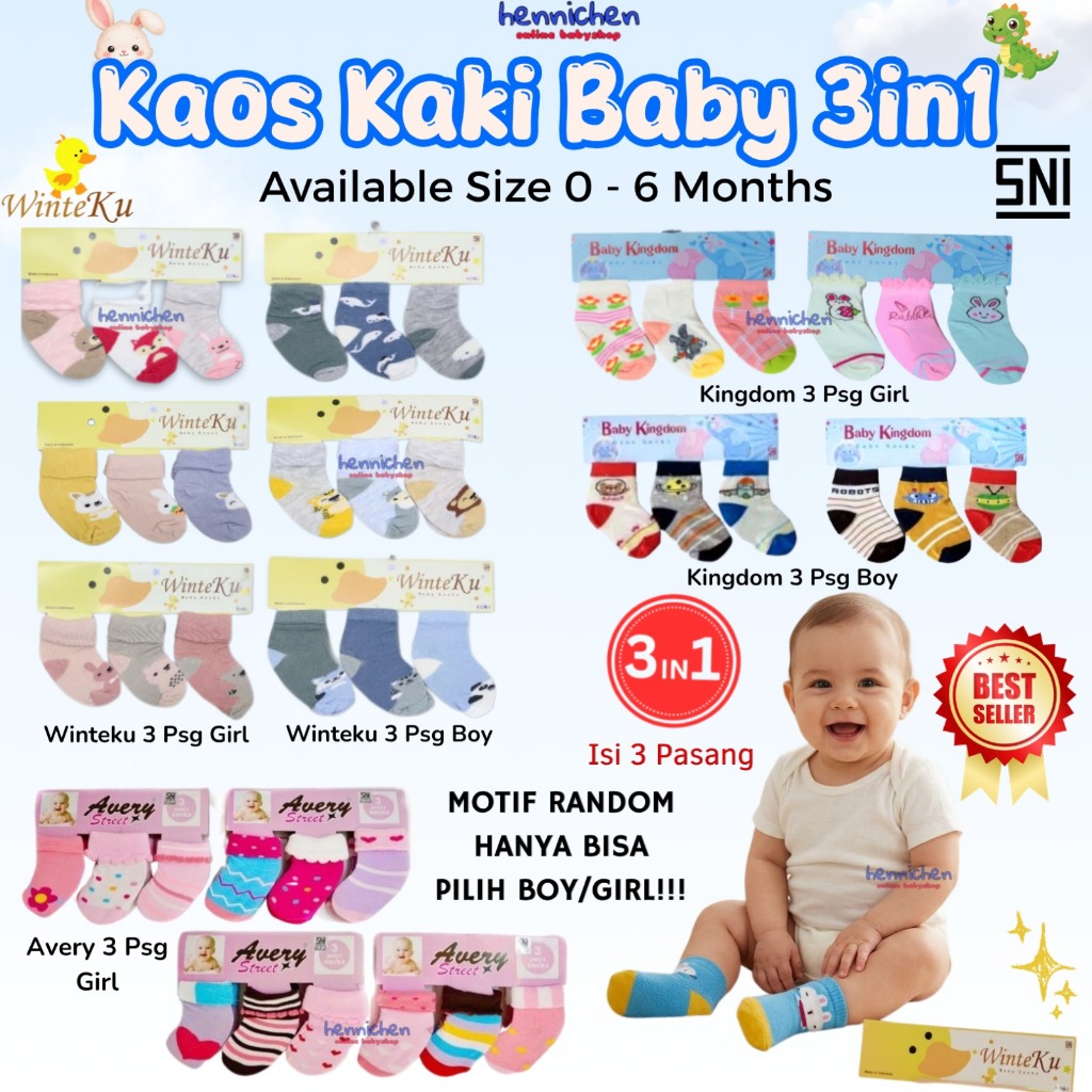 BANYAK MOTIF RANDOM PROMO 4.4 MURAH 3 Pcs Kaos Kaki baby WINTEKU newborn size 0-6 Bulan