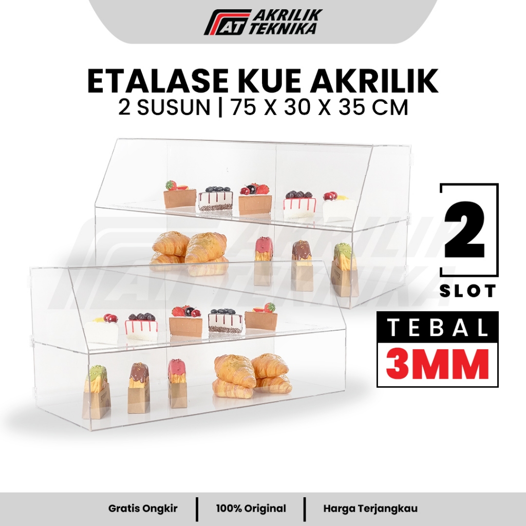 Etalase Kue Akrilik Bening 2 Tingkat, Rak Display Roti dan Bakery Ukuran 75x30x35 cm