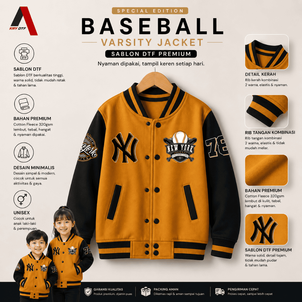 Jaket Varsity Logo NY Baseball Anak Laki Laki Perempuan Usia 2 - 13  Tahun Jacket Unisex Terbaru