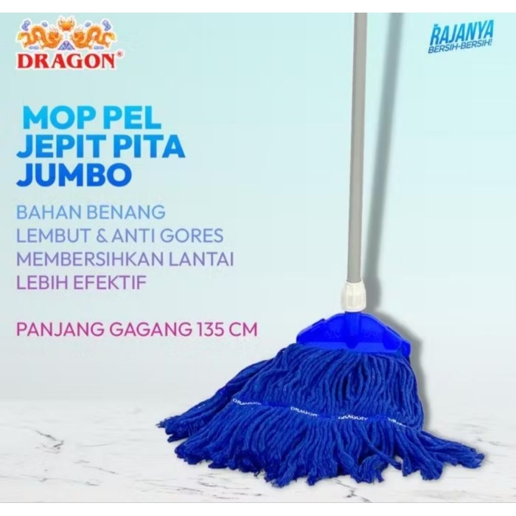Dragon Mop Pel Jepit Pita Biru Dengan Gagang 135cm Pel Lantai Katun Kain Biru