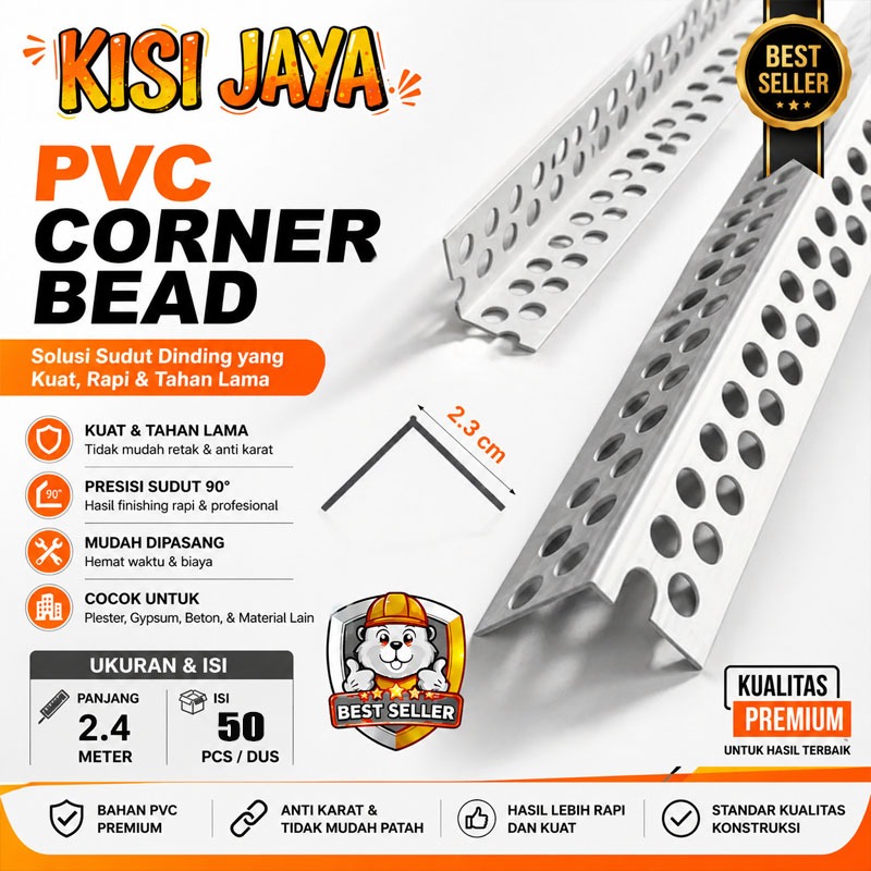 (50PCS) Kisi Corner Bead PVC/Sudut Siku Tembok Dinding/luar & dalam tembok panjang 240cm