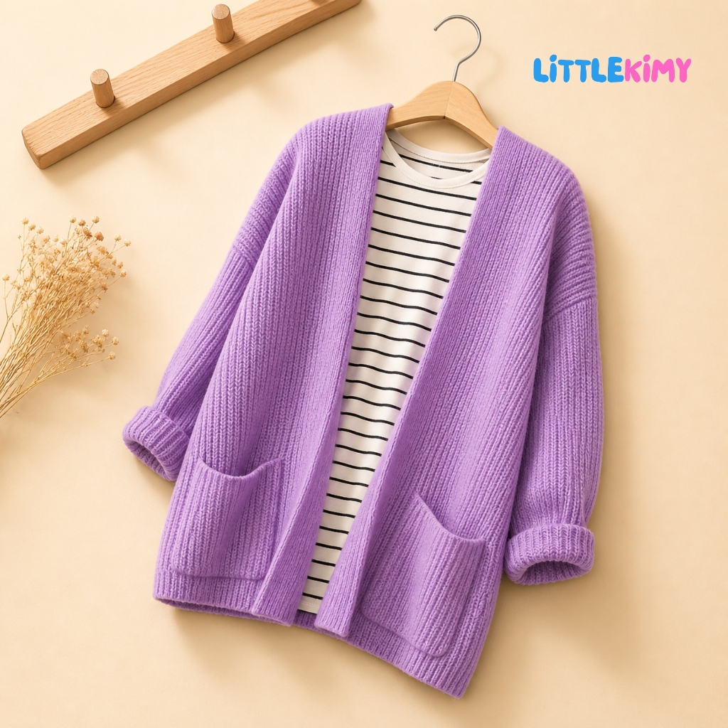 LITTLEKIMY - Cardigan Anak Oversize Rajut Tebal Dan Lembut Bahan KAHATEX IMPORT Varian Lilac