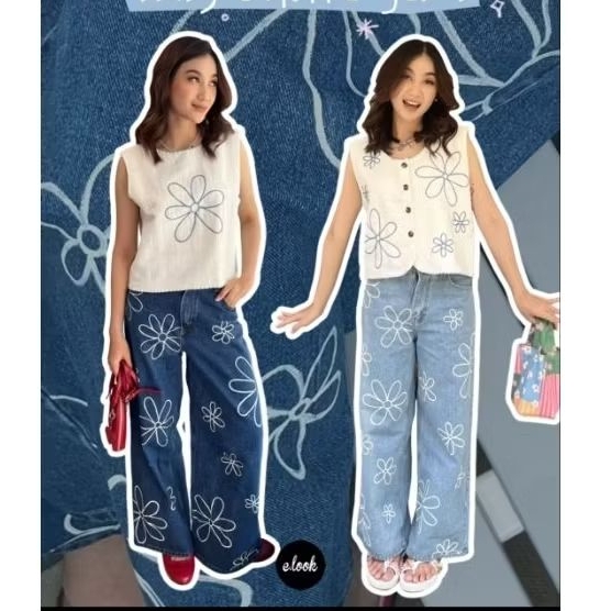 CELANA KULOT JEANS DAISY E.LOOK HAND PAINTED DARK BLUE