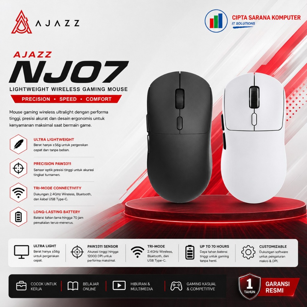 AJAZZ NJ07 / NJ-07 Mouse Gaming PAW-3311 Lightweight Tri-mode Connection 1000Hz Polling Rate