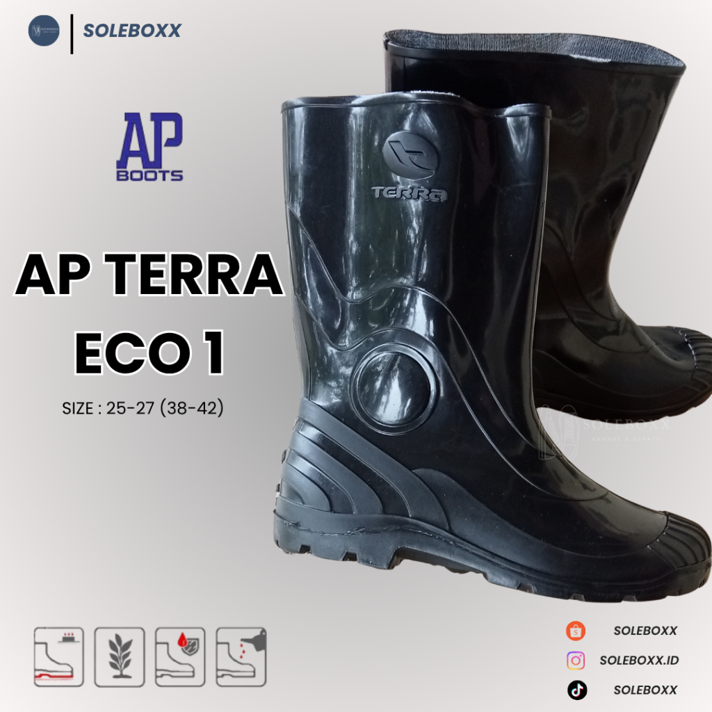 AP BOOTS TERRA ECO-1 HITAM GLOSSY SEPATU BOOTS PENDEK KARET PVC NYAMAN LENTUR