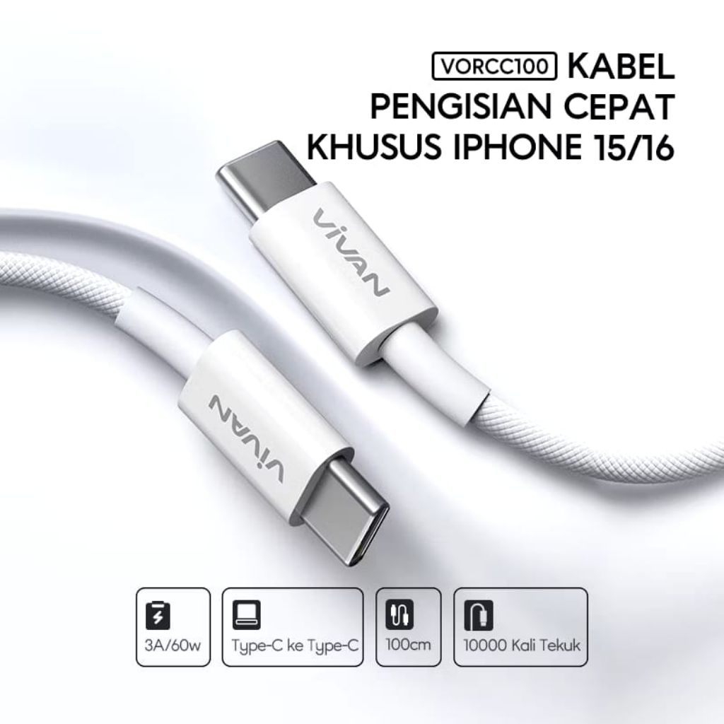 Vivan Kabel Data Tipe C to C Fast charging 3 Amper 60 Watt