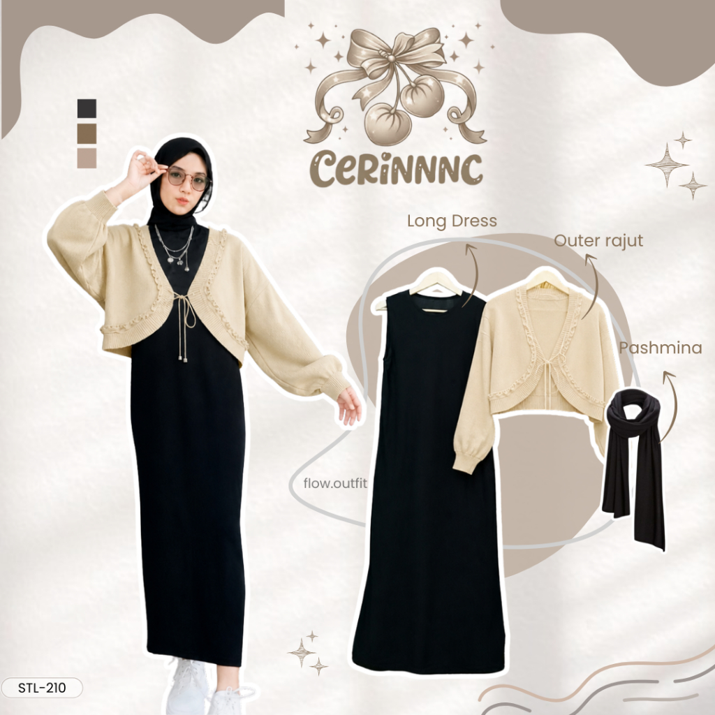 OOTD Dreses Bolero 3in1 Long dress | Outer Cardi rajut | Pashmina cerutty | Cardigan crop wanita kek