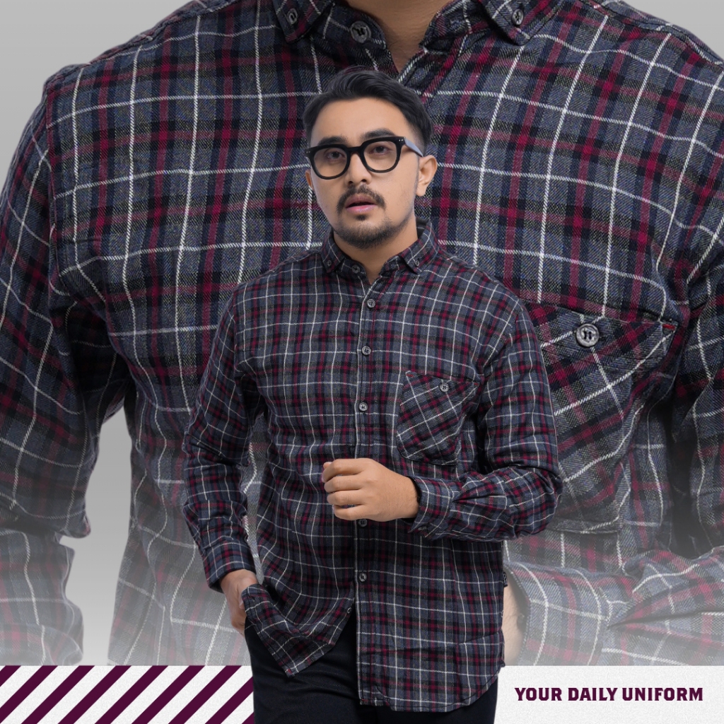 DGM Fashion Kemeja Flanel Lengan Panjang Kotak Merah Abu garis Putih 1703