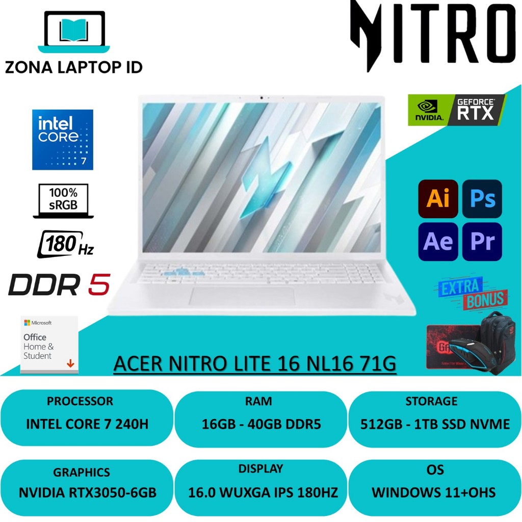 Acer Nitro Lite 16 NL16-71G Nvidia RTX 3050 6GB intel Core 7 240H 40GB 1TB SSD WUXGA 180Hz IPS Win11