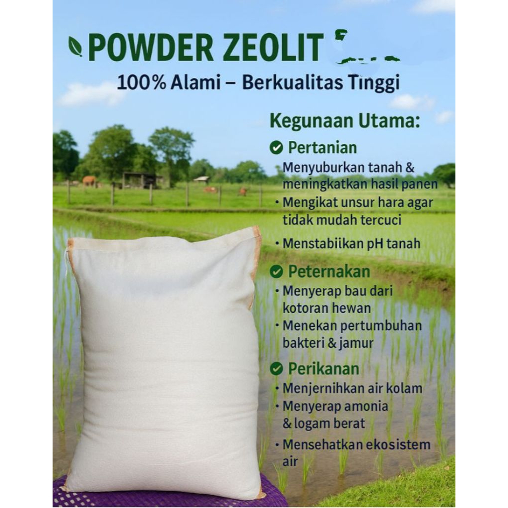 tepung zeolite mesh 5000 utk tambak udang, pertanian,, pembenah tanah -+50kg