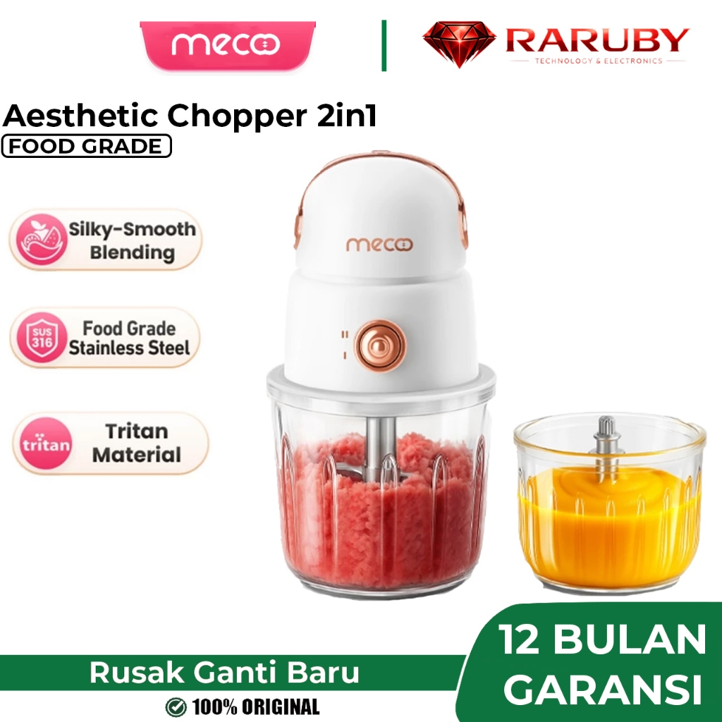 Mecoo Aesthetic Mini Food Chopper 2-in-1 Blender Penghalus Daging Bumbu Grinder Listrik 300ml 600ml