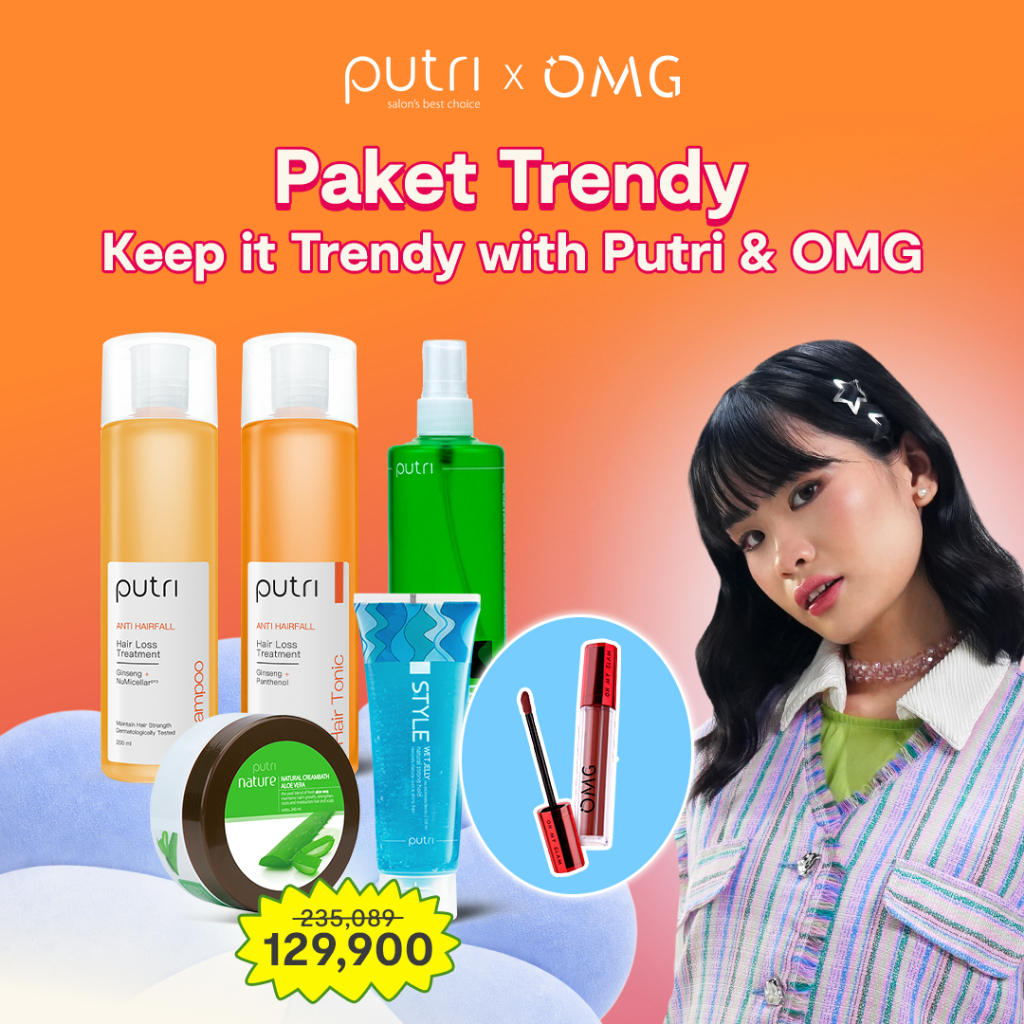 [Putri x OMG: Paket Trendy] Putri Shampoo, Hair Tonic, Hair Spray, Wet Jelly, Creambath with OMG Mat