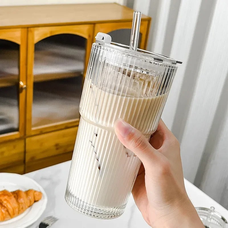 TOKO TUKU TIGA - TUMBLER AESTHETIC JUS KOPI TEH STRIPE GLASS WITH LID 600ML + SEDOTAN