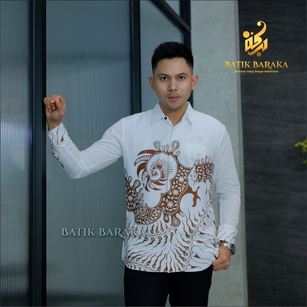 Kemeja Batik Pria Warna Putih Motif Rangkong Modern Slimfit  Baju Batik Pria Jumbo
