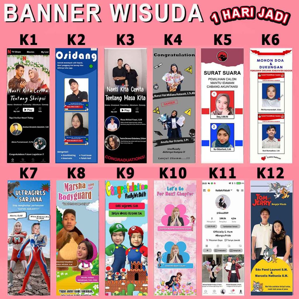 Cetak Banner Baner Wisuda unik Custome plus rangka atau Tiang