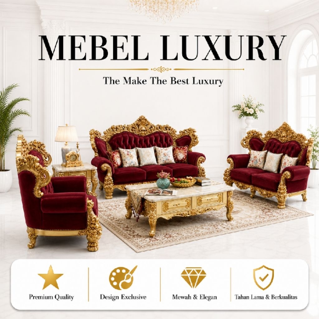 Sofa Tamu Mewah Ukir Emas Klasik | Kursi Ruang Tamu Luxury Elegan Sultan | Set Sofa Premium Anti Mur