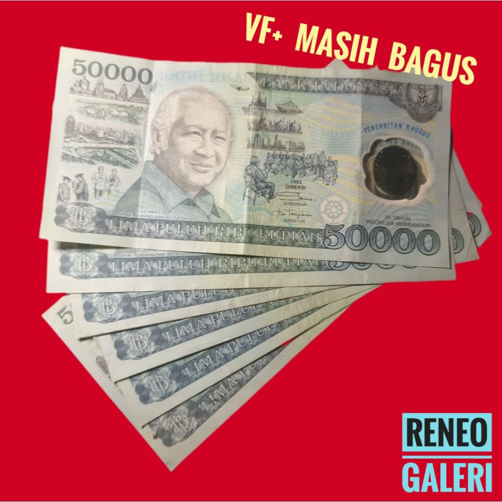 VF+ Asli 50.000 Suharto polymer tahun 1993 Rp 50000 presiden Soeharto plastik polimer mesem uang ker