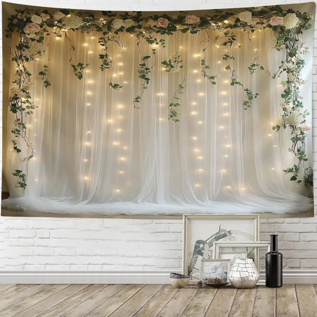 Kain gantung Dekorasi romantis dengan tirai putih, Tapestry Background Pernikahan Elegan Bunga & Lam