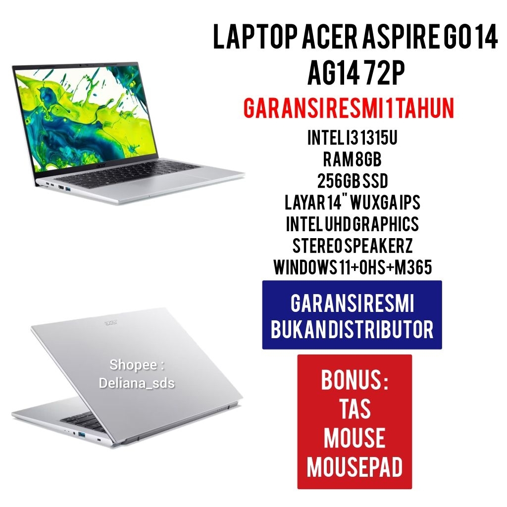 Laptop Acer Aspire Go 14 AG14 72P Intel I3 1315U 8GB/256GB 14" WUXGA IPS Garansi Resmi 1 Tahun Lapto