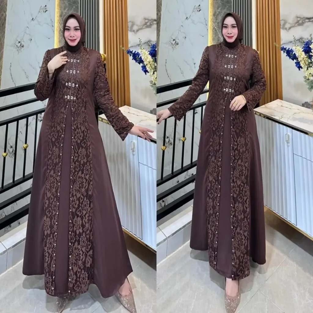 Gamis Wanita Dewasa Nazeera Dress NF Bahan Velvet Mix Brukat Chantilly Payet Terbaru Dress Muslimah 