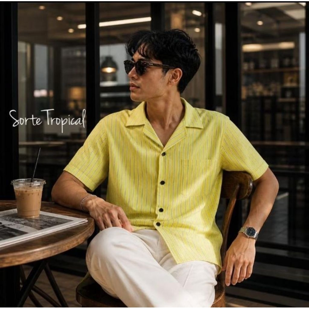 kemeja Hawaiian pantai motif garis Stripe salur kuning  Pria wanita  size XS-6XL lembut