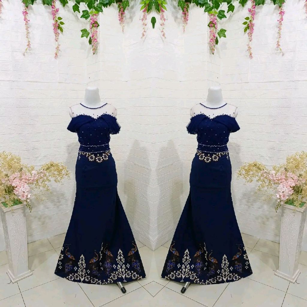REVALINA 0088//Duyung Batik Street Navy Lengan Tile Draperi // gaun pesta wanita
