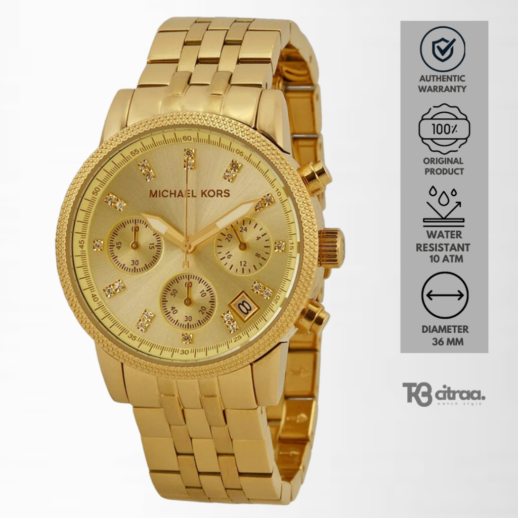 Jam Tangan Wanita Michael Kors Chronograph Gold Stainless Steel Mewah Original MK5676