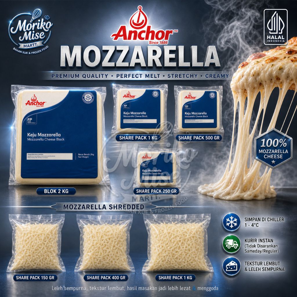 [ ANCHOR Mozzarella ] block 2 kg dan share pack / Mozza Cheese Keju Mulur Stretchy Mozarella Mozzare